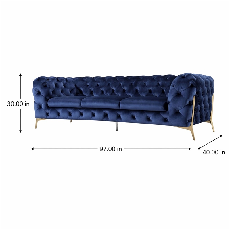Pemberly Row Transitional Fabric Sofa with Gold Metal Legs in Blue