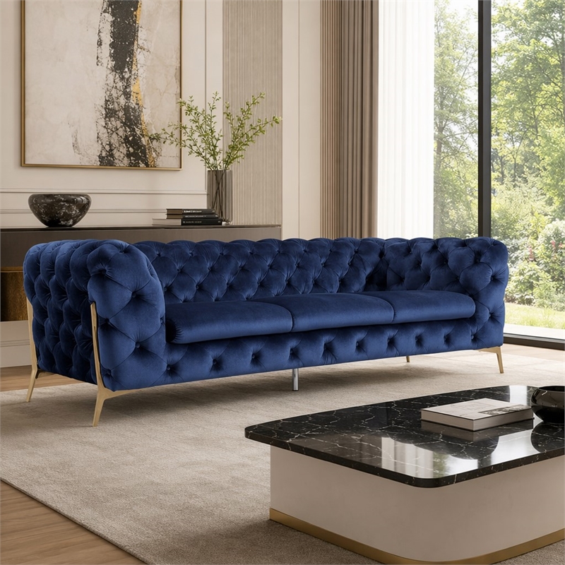 Pemberly Row Transitional Fabric Sofa with Gold Metal Legs in Blue