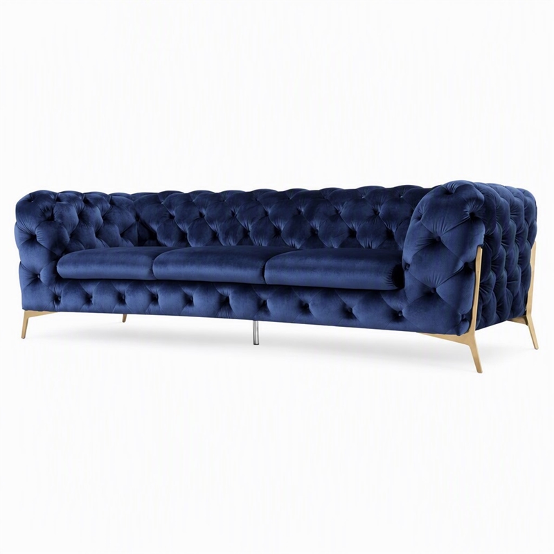 Pemberly Row Transitional Fabric Sofa with Gold Metal Legs in Blue