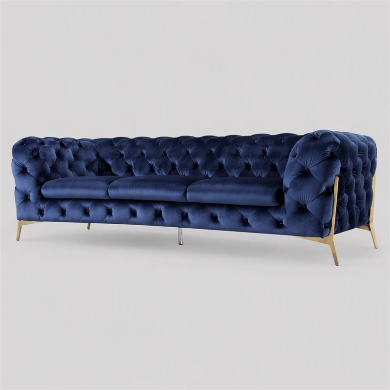 Pemberly Row Transitional Fabric Sofa with Gold Metal Legs in Blue