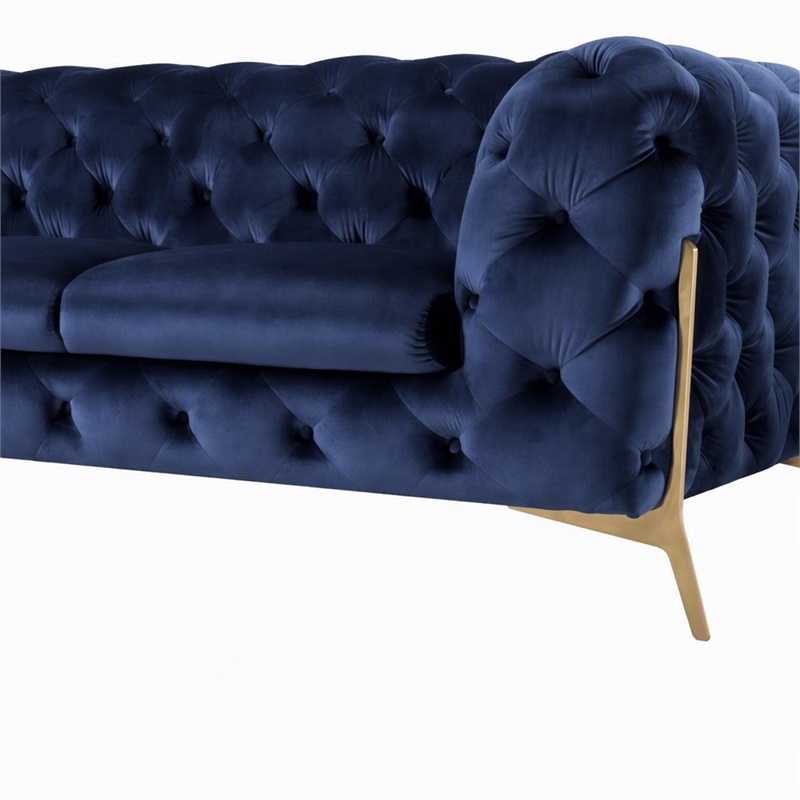 Pemberly Row Transitional Fabric Sofa with Gold Metal Legs in Blue