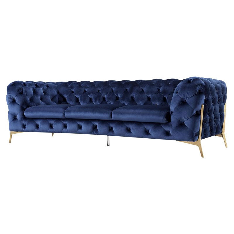Pemberly Row Transitional Fabric Sofa with Gold Metal Legs in Blue