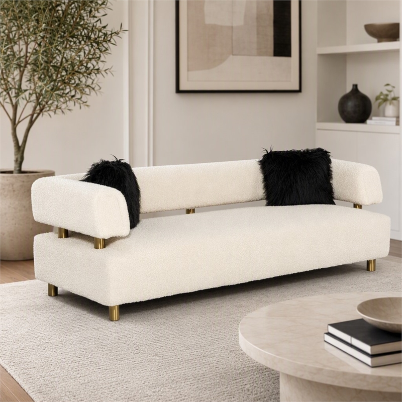 Pemberly Row Glam Beige Sofa with Polyester Upholstery and Gold Legs