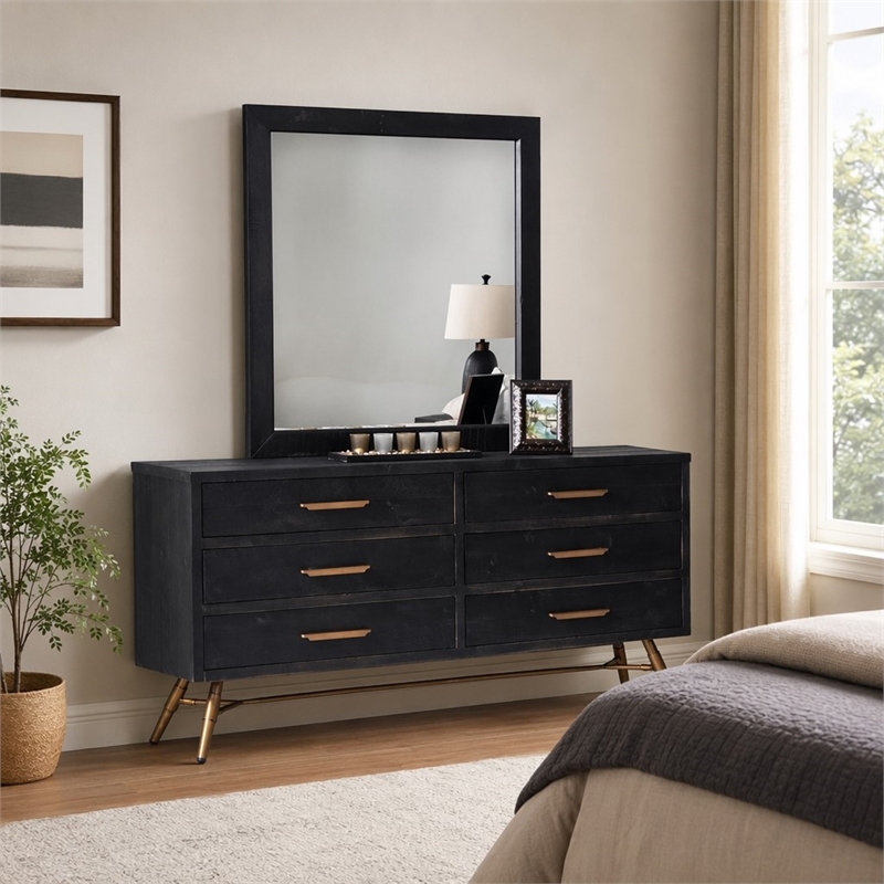 Pemberly Row Mirror with Recycled Pine Frame in Dark Brown and Glass Finish