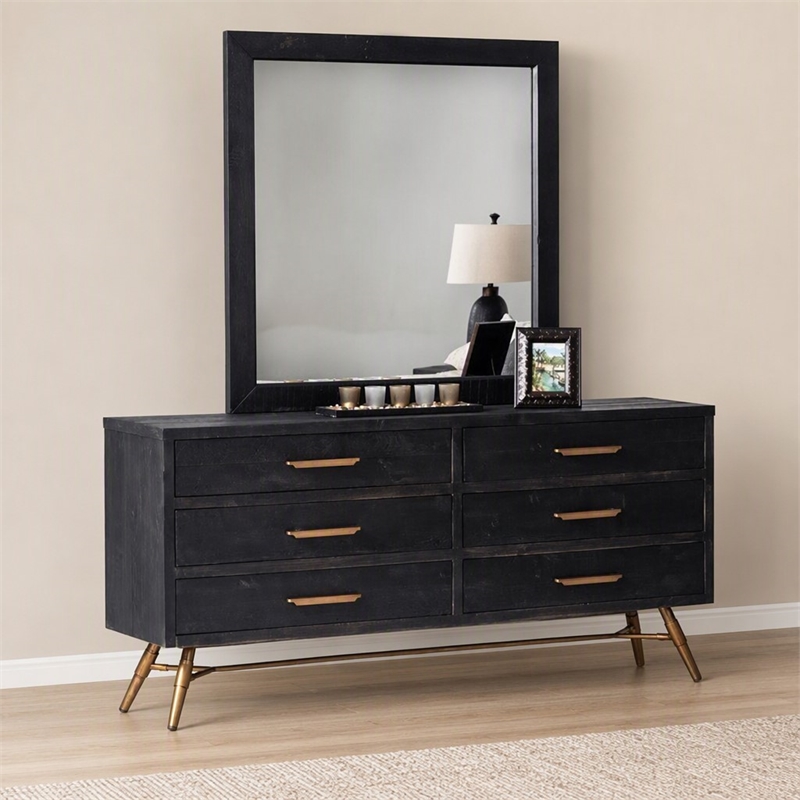 Pemberly Row Mirror with Recycled Pine Frame in Dark Brown and Glass Finish