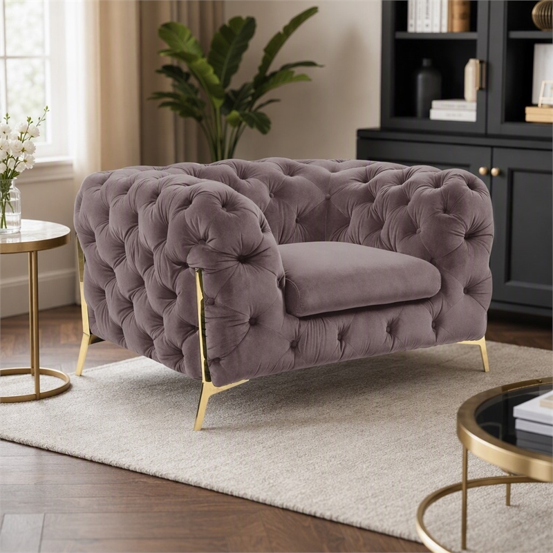 Pemberly Row Transitional Velvet Accent Chair with Gold Metal Legs in Silver