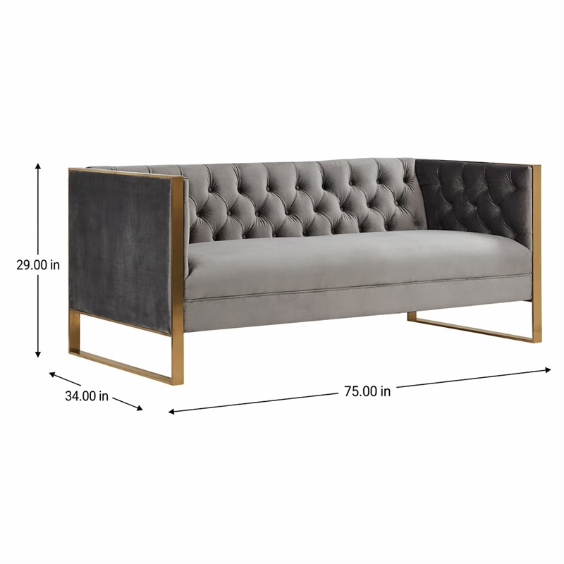 Pemberly Row Modern Velvet Sofa with Gold Stainless Steel Legs in Gray