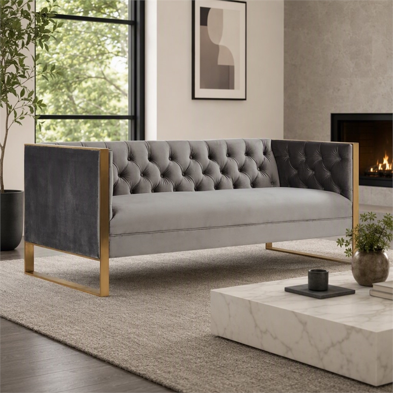 Pemberly Row Modern Velvet Sofa with Gold Stainless Steel Legs in Gray