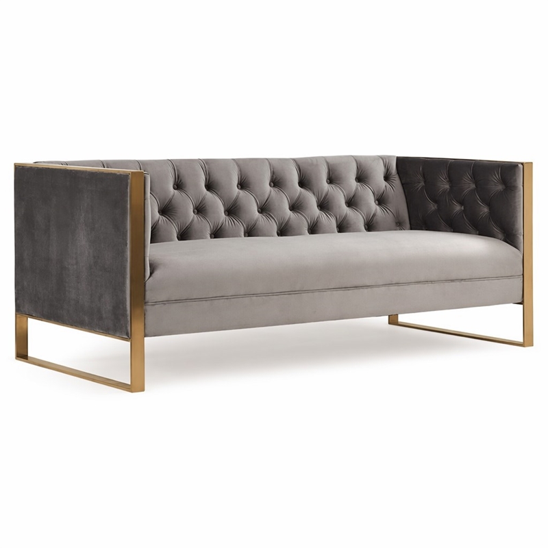 Pemberly Row Modern Velvet Sofa with Gold Stainless Steel Legs in Gray