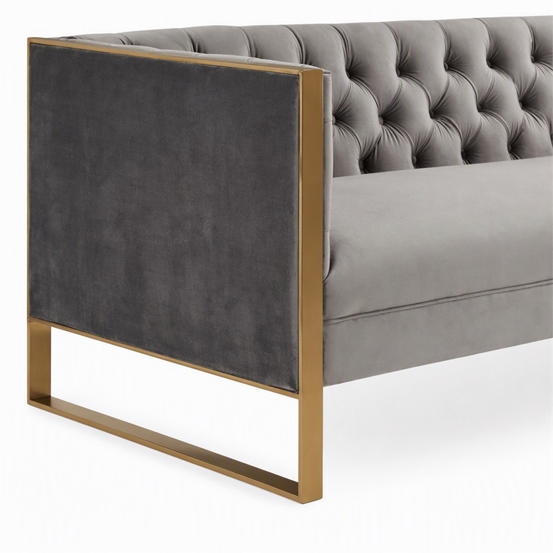 Pemberly Row Modern Velvet Sofa with Gold Stainless Steel Legs in Gray