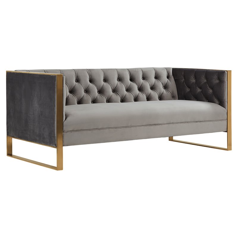 Pemberly Row Modern Velvet Sofa with Gold Stainless Steel Legs in Gray