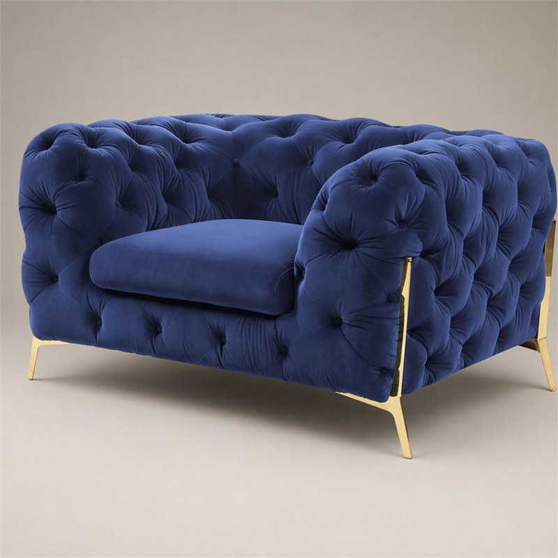 Pemberly Row Transitional Velvet Accent Chair with Gold Metal Legs in Blue
