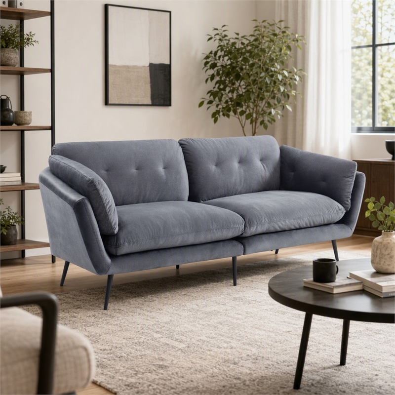 Pemberly Row Polyester Fabric Sofa with Tufted Back in Dark Gray