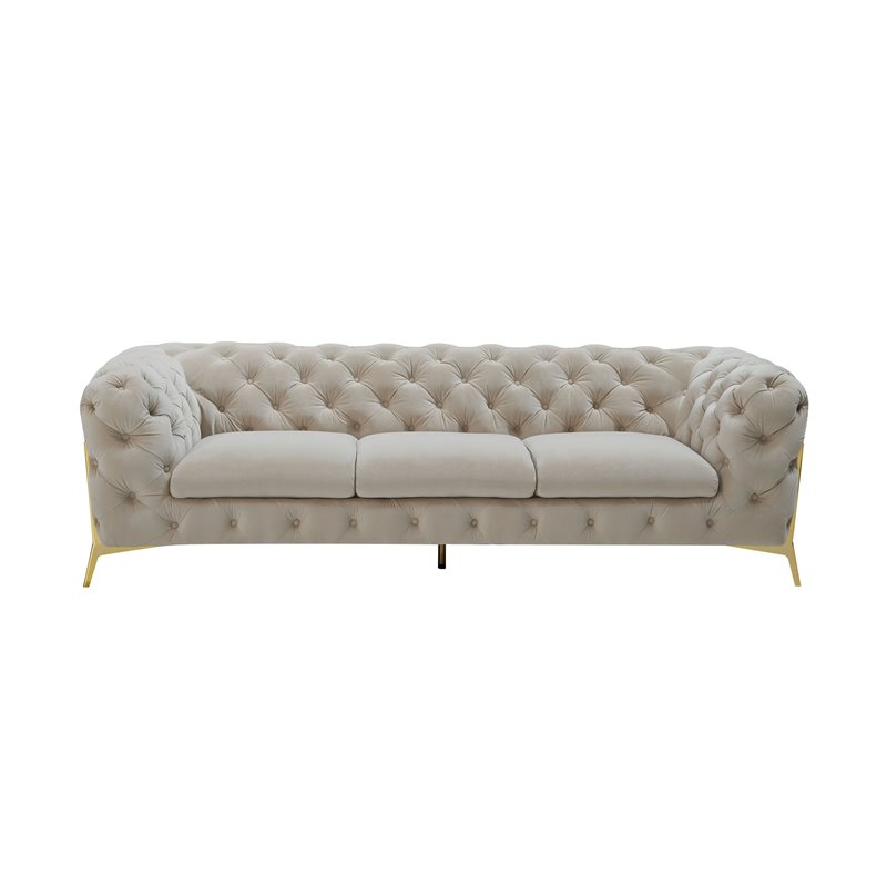 Pemberly Row Transitional Velvet Fabric Sofa in Beige with Gold Legs