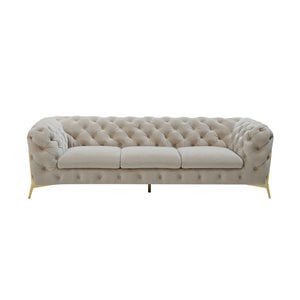 Pemberly Row Transitional Velvet Fabric Sofa in Beige with Gold Legs
