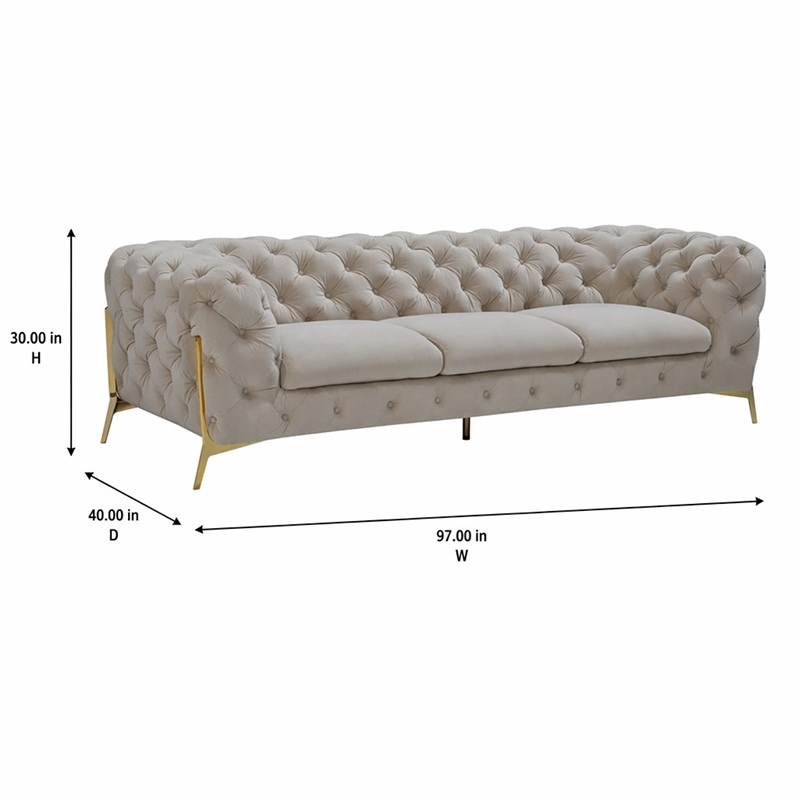 Pemberly Row Transitional Velvet Fabric Sofa in Beige with Gold Legs