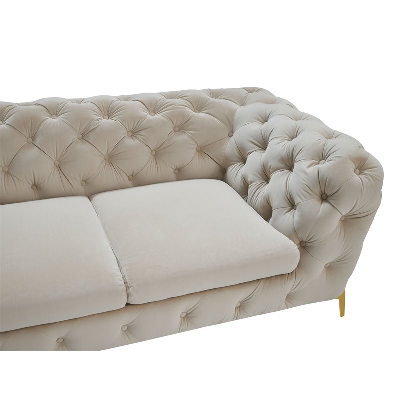 Pemberly Row Transitional Velvet Fabric Sofa in Beige with Gold Legs
