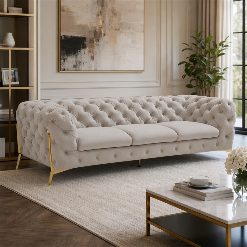 Pemberly Row Transitional Velvet Fabric Sofa in Beige with Gold Legs