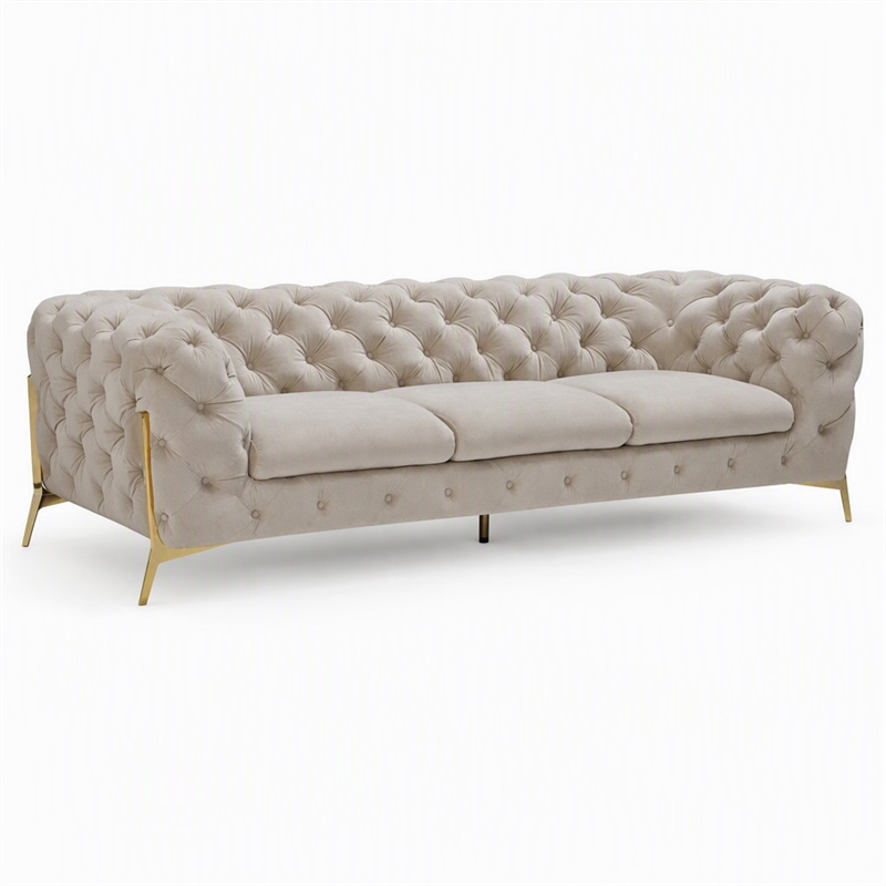 Pemberly Row Transitional Velvet Fabric Sofa in Beige with Gold Legs