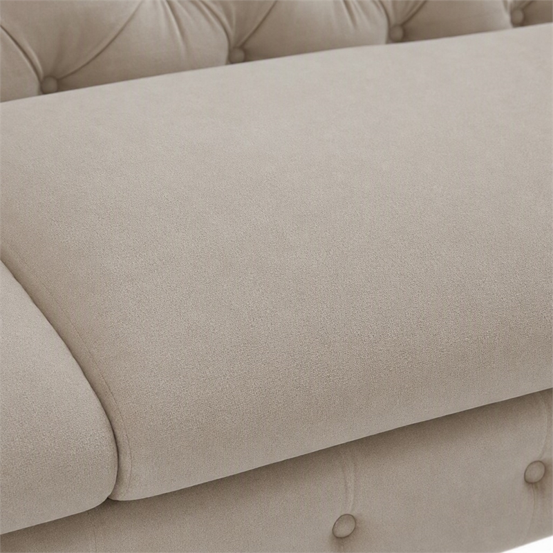 Pemberly Row Transitional Velvet Fabric Sofa in Beige with Gold Legs