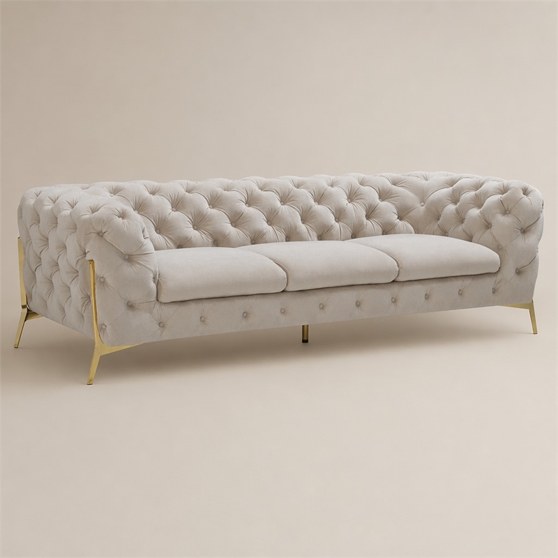 Pemberly Row Transitional Velvet Fabric Sofa in Beige with Gold Legs
