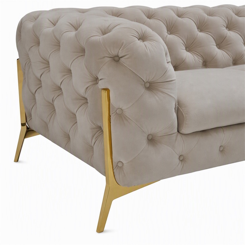 Pemberly Row Transitional Velvet Fabric Sofa in Beige with Gold Legs