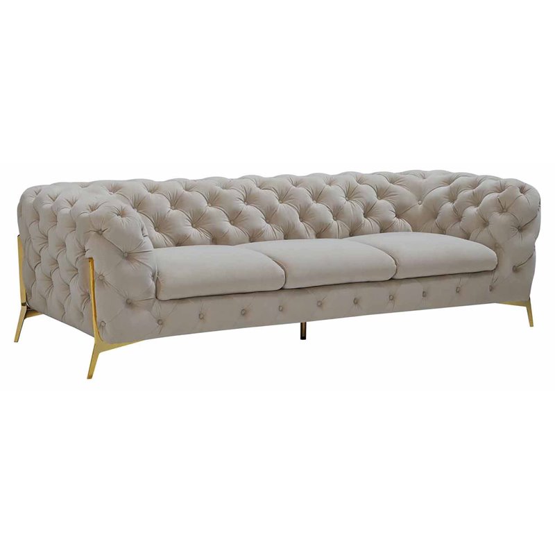 Pemberly Row Transitional Velvet Fabric Sofa in Beige with Gold Legs