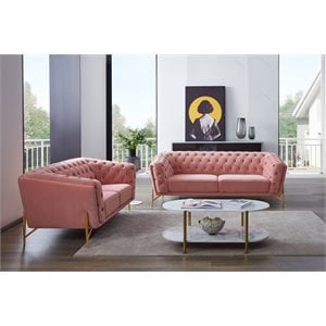 Pemberly Row Velvet Loveseat with Diamond Tufted Back in Salmon Pink