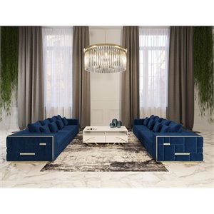 Pemberly Row Velvet Sofa with Stainless Steel Accents in Blue and Gold