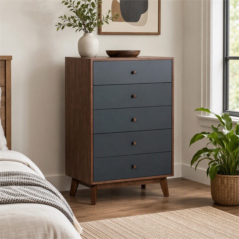 Pemberly Row Veneer and Rubberwood Bedroom Chest in Walnut and Charcoal