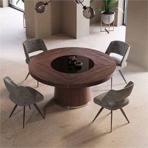 Pemberly Row Modern Round Walnut Dining Table with Glass Center
