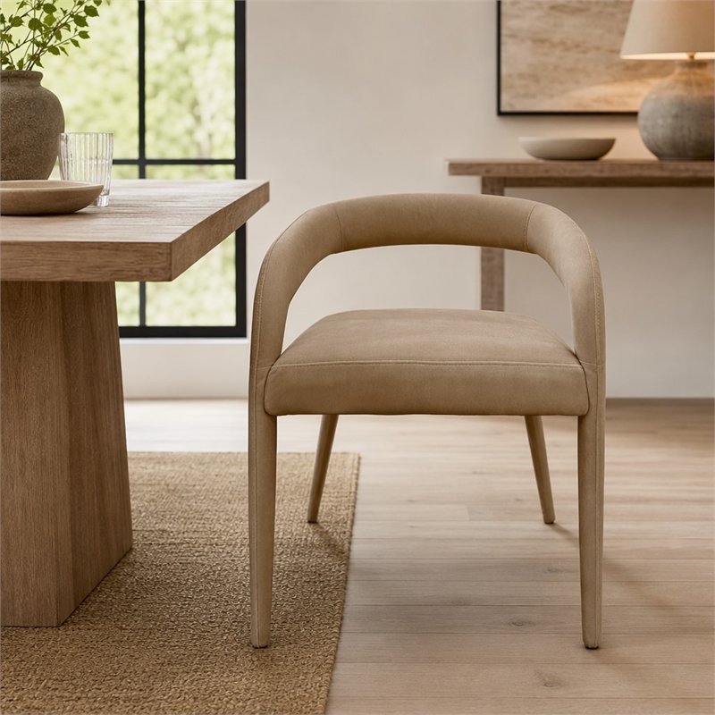 Pemberly Row Beige Fabric Dining Chair with Cast Iron Legs