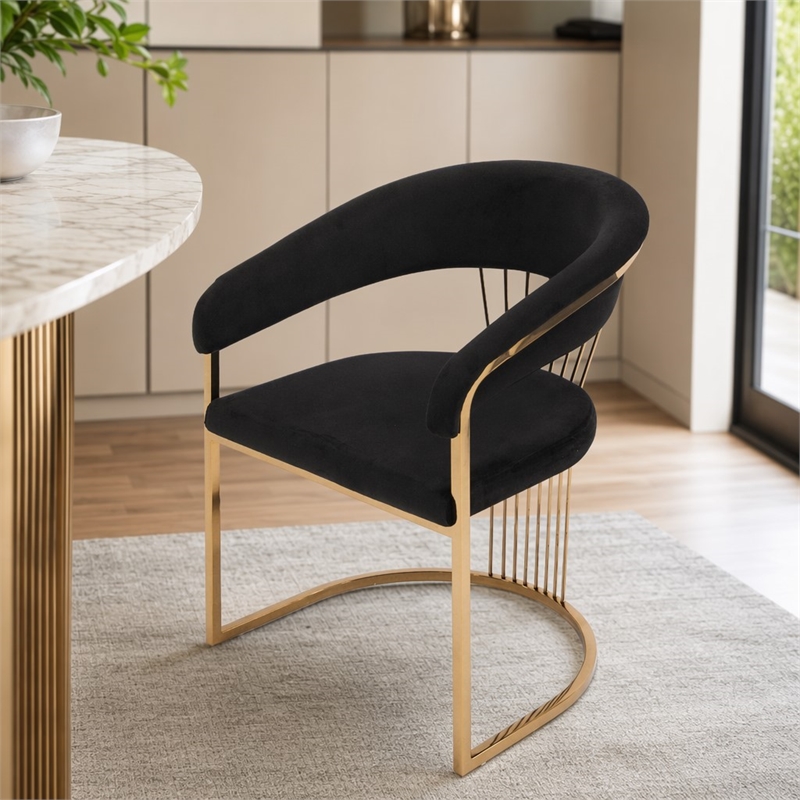 Pemberly Row Velvet Dining Chair in Black with Rose Gold Stainless Steel Base
