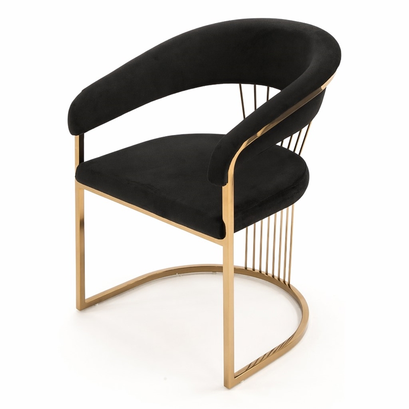 Pemberly Row Velvet Dining Chair in Black with Rose Gold Stainless Steel Base