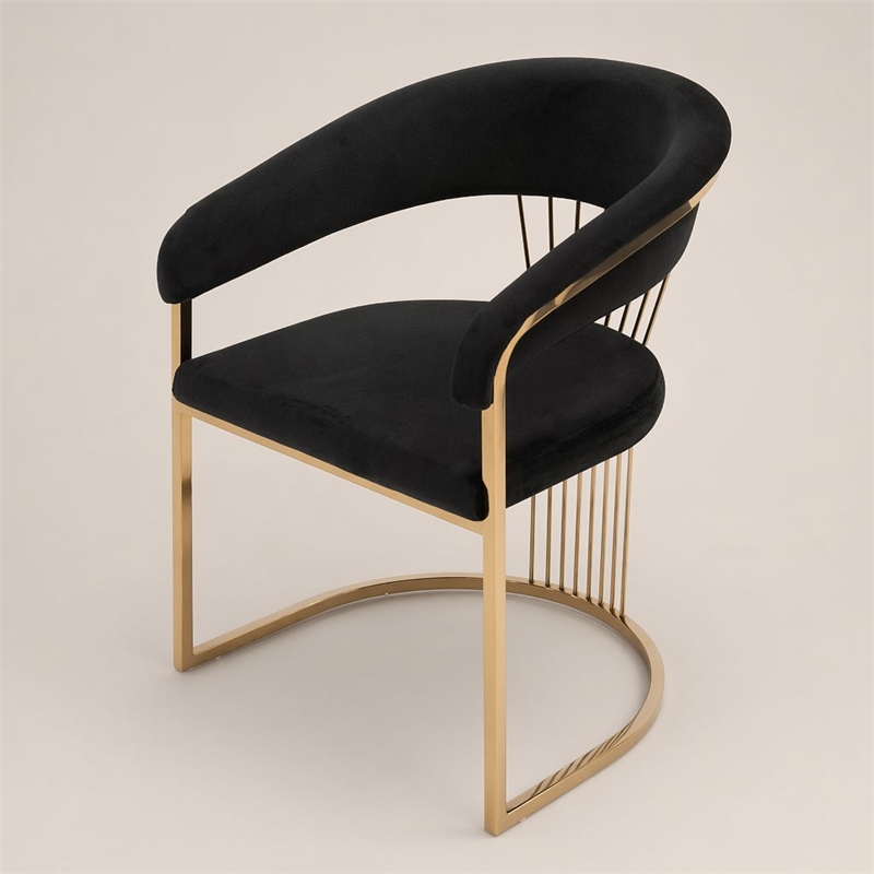 Pemberly Row Velvet Dining Chair in Black with Rose Gold Stainless Steel Base