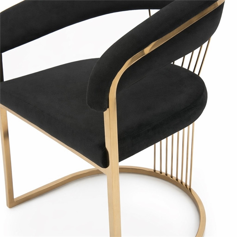 Pemberly Row Velvet Dining Chair in Black with Rose Gold Stainless Steel Base
