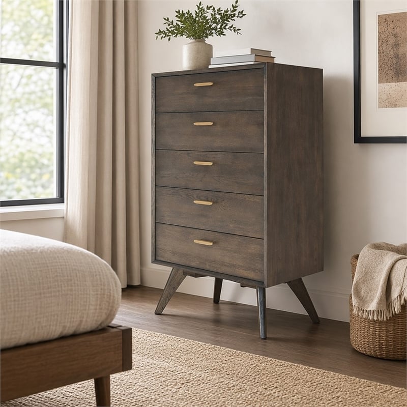 Pemberly Row 5-Drawer Dark Oak & Brass Modern Wood Chest