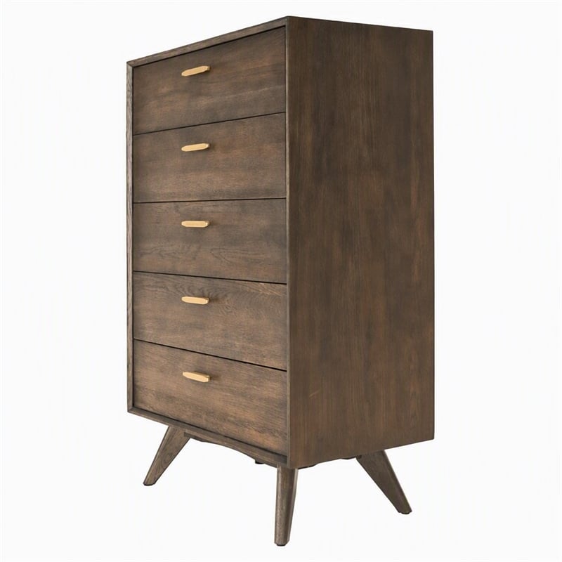 Pemberly Row 5-Drawer Dark Oak & Brass Modern Wood Chest