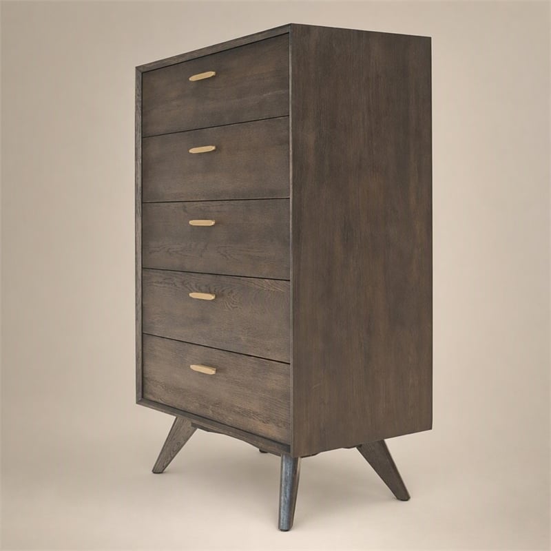 Pemberly Row 5-Drawer Dark Oak & Brass Modern Wood Chest