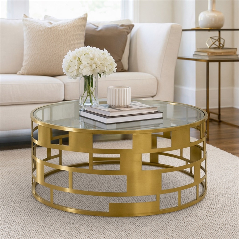 Pemberly Row Round Glass Coffee Table with Brushed Stainless Steel Base in Gold
