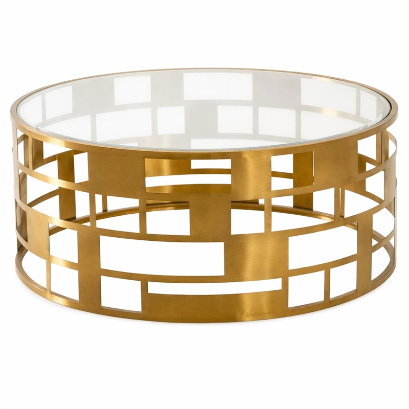 Pemberly Row Round Glass Coffee Table with Brushed Stainless Steel Base in Gold