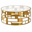 Pemberly Row Round Glass Coffee Table with Brushed Stainless Steel Base in Gold