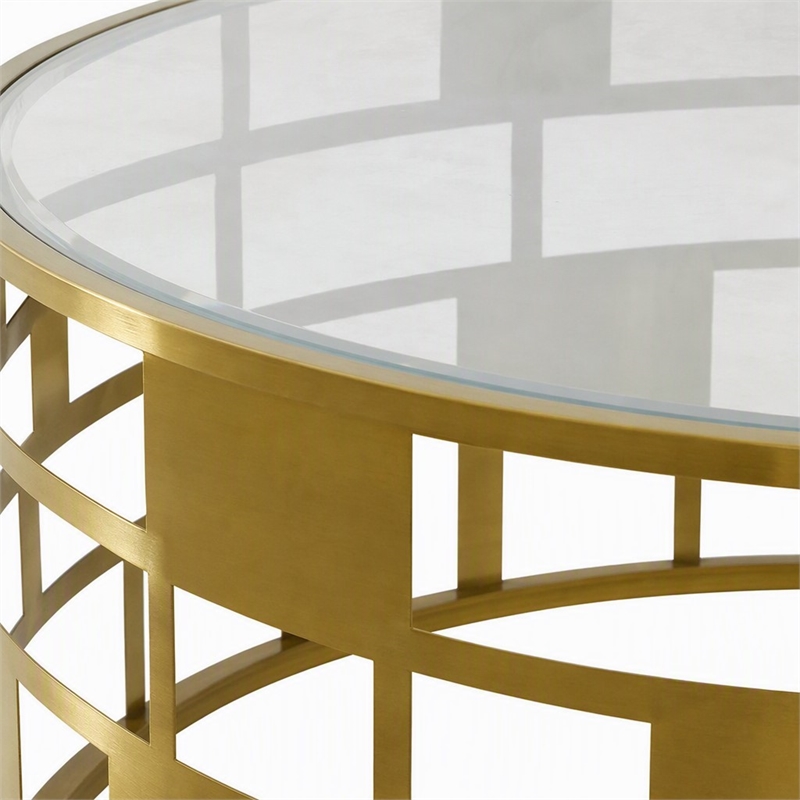 Pemberly Row Round Glass Coffee Table with Brushed Stainless Steel Base in Gold
