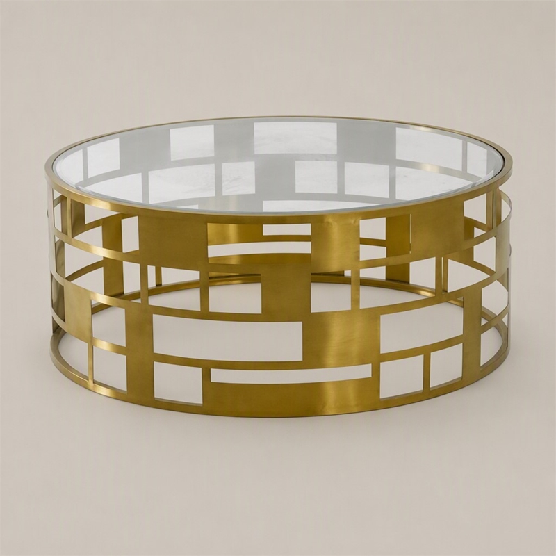 Pemberly Row Round Glass Coffee Table with Brushed Stainless Steel Base in Gold