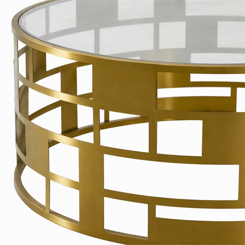 Pemberly Row Round Glass Coffee Table with Brushed Stainless Steel Base in Gold