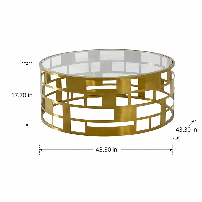 Pemberly Row Round Glass Coffee Table with Brushed Stainless Steel Base in Gold