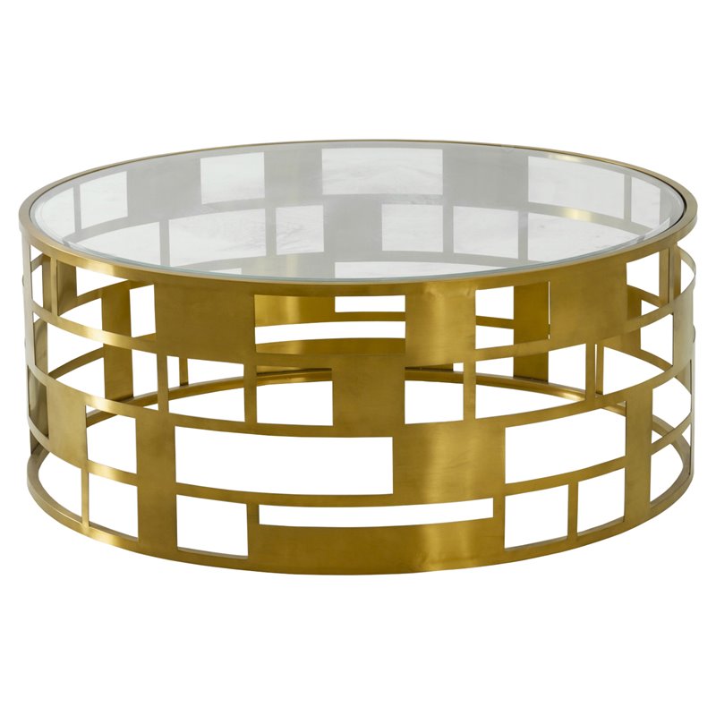 Pemberly Row Round Glass Coffee Table with Brushed Stainless Steel Base in Gold