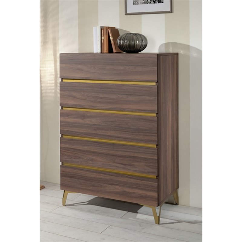 Pemberly Row Modern 5-Drawer Wood Laminate Chest in Walnut/Antique Brass