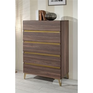 Pemberly Row Modern 5-Drawer Wood Laminate Chest in Walnut/Antique Brass