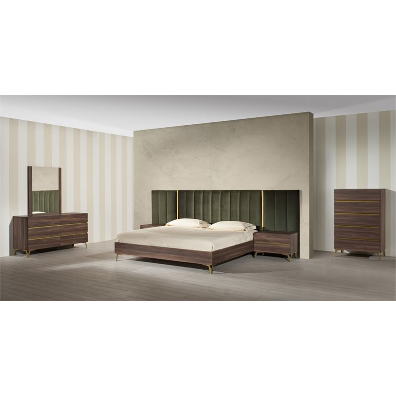 Pemberly Row Modern 5-Drawer Wood Laminate Chest in Walnut/Antique Brass